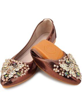 🆕 Women's Foldable Ballet Flats Brown Rhinestone Sparkly Wedding Shoes